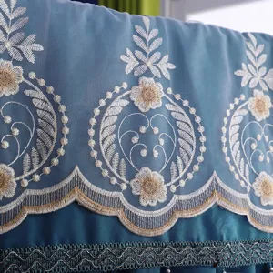 Detail shot of standing air conditioner cover embroidery, elegant blue floral mesh dust cover.