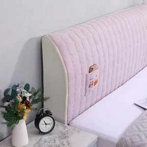 Pink quilted thick headboard cover with pocket dustproof padded bed back protector