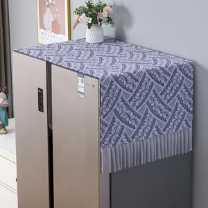 Elegant grey leaf pattern refrigerator top dust cover with pleated hem for kitchen home appliances.