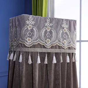 Grey velvet standing air conditioner dust cover with elegant lace embroidery and tassels.