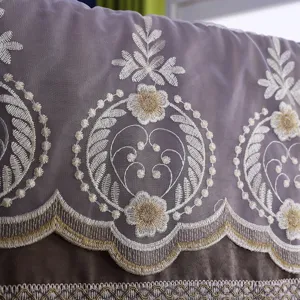 Close-up detail of luxury European style floral embroidery dust cover fabric texture.