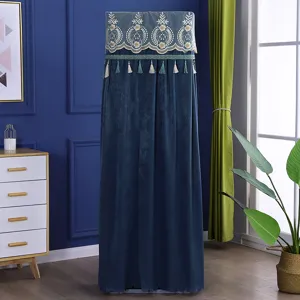 Detail shot of Nordic style vertical air conditioner dust cover with elegant embroidery and tassels.