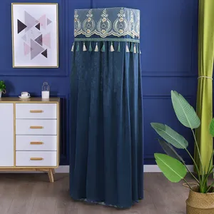Standing floor air conditioner cover with elegant lace embroidery and tassels for home decor.