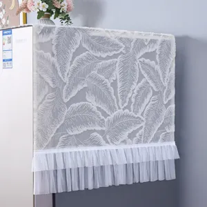White lace refrigerator dust cover with elegant leaf pattern and mesh ruffle hem for home decor.