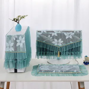Blue-green lace computer dust cover detail, floral mesh monitor host cover set with ruffles.