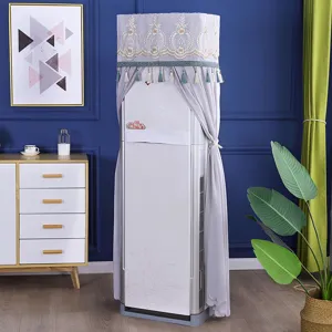 Detailed view of the Nordic style embroidered upright air conditioner dust cover in home scene.