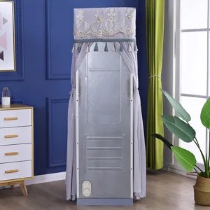Detailed view of a Nordic vertical air conditioner cover featuring elegant embroidery and fringe.