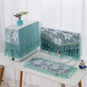 Teal lace computer dust cover set details showing exquisite floral embroidery and mesh fabric.