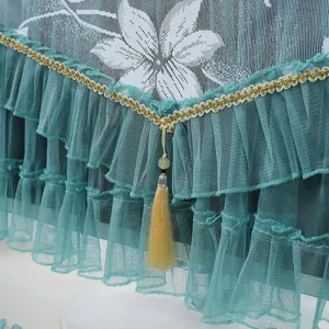 Exquisite lace mesh computer dust cover detail featuring elegant teal ruffles and gold trim.