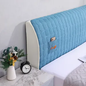 Blue Quilted Headboard Cover Dustproof Bed Head Protector with Storage Pocket Soft