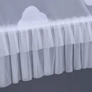White lace washing machine cover detail, dustproof appliance cloth with cute cloud decor.