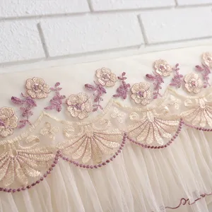 Detailed view of beige mesh lace air conditioner dust cover with elegant floral embroidery.