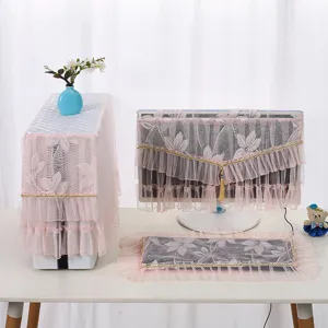 Detailed view of pink lace computer dust cover set featuring floral embroidery and elegant tassel.