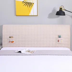 Thickened quilted headboard cover with pockets, dustproof full-wrap bed head protector detail.