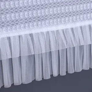White lace mesh washing machine dust cover detail, exquisite double-layer ruffle fabric texture.