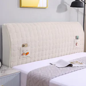 Quilted bed headboard cover dustproof full wrap protector with storage pockets beige
