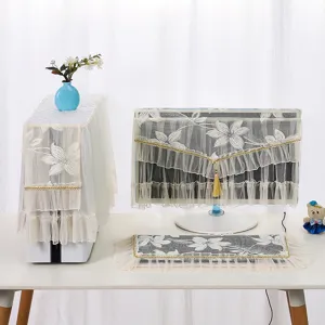 Detailed view of the lace computer dust cover set with elegant floral embroidery.