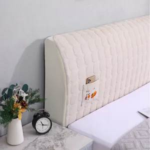 Quilted headboard cover beige dustproof full coverage bed back protector with storage pocket