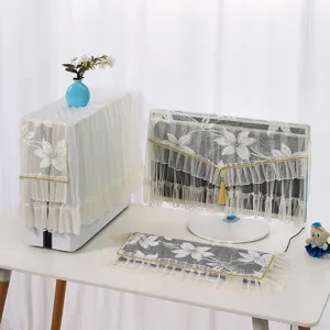 White lace computer dust cover set, elegant floral design with gold trim for monitor and host.