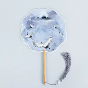 Traditional Chinese style palace fan with elegant crane pattern and wooden handle.