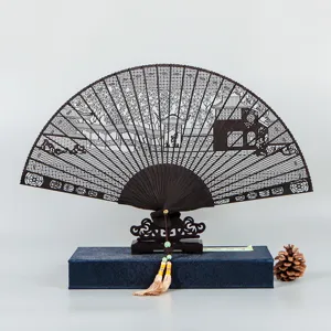 Chinese Classical Style Hollow Carved Ebony Wood Folding Fan Vintage Handheld Hand Fan With Gift Box For Women
