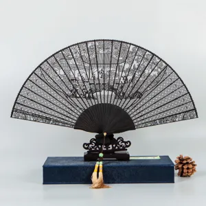 7 inch ebony sandalwood folding fan hollow carved Chinese style gift decorative hand fan with gift box
