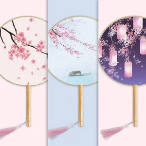 Traditional Chinese Style Semi-Transparent Silk Round Fan Classical Floral Print Wooden Handle Hand Fan Hanfu Prop