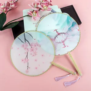Traditional Chinese round fan with wooden handle silk transparent Hanfu fan photography props