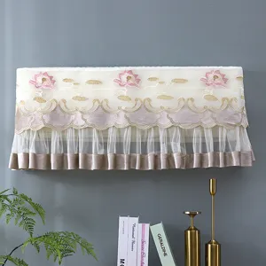 Lace wall-mounted air conditioner dust cover with pink lotus embroidery and wavy gold hem.