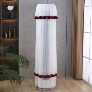 Vertical standing air conditioner dust cover detail, lace mesh fabric with wine red velvet trim.
