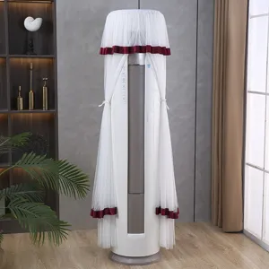 Upright round air conditioner dust cover, white lace mesh with red velvet trim, breathable.