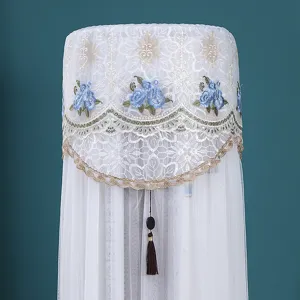 Close-up detail of the elegant white lace vertical air conditioner dust cover with blue rose embroidery.