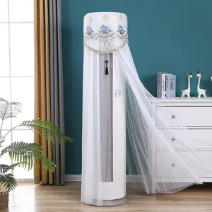 Vertical cylindrical air conditioner dust cover with delicate lace embroidery and mesh fabric.