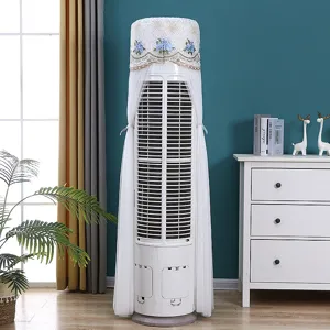 Vertical air conditioner dust cover detail, elegant lace mesh design with blue rose embroidery.