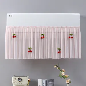 Pink pleated air conditioner cover with cute cherry decoration, dustproof wind shield for home use