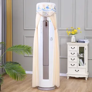 Vertical air conditioner dust cover with elegant lace floral embroidery and tulle sheer drapes.