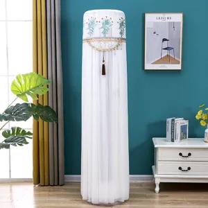 Vertical cylindrical air conditioner dust cover with floral embroidery and elegant tassel lace detail.