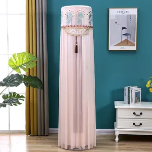 Vertical cylindrical air conditioner dust cover, lace mesh embroidered floral sleeve.