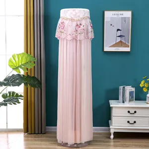 Detailed view of pink vertical air conditioner dust cover with delicate floral lace mesh design.