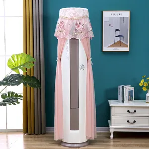 Vertical cylindrical air conditioner dust cover, elegant pink lace mesh protective cover.