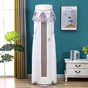Vertical cylindrical air conditioner dust cover with elegant lace floral embroidery design for home.