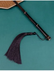 Traditional handmade purple bamboo fan with dark tassel, portable summer cooling hand fan.