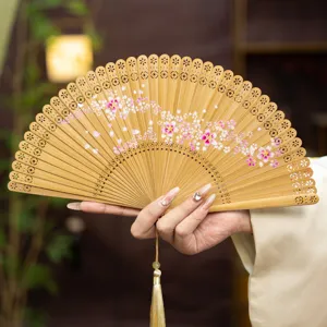 Handmade Chinese Style All Bamboo Folding Fan Carved Hollow Retro Floral Tassel Hand Fan For Women Dancing Daily Decor