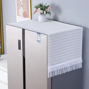 White lace refrigerator dust cover with ruffle hem, elegant protection for home appliances.