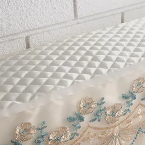 Close-up of quilted white air conditioner dust cover featuring delicate blue floral embroidery.