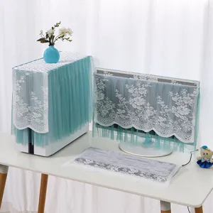 Lace computer dust cover set for desktop monitor and host with elegant teal mesh design.