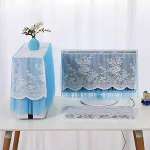 Detail view of blue lace computer dust cover set showcasing delicate floral patterns and mesh.