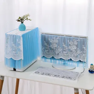 Detailed view of the blue lace computer dust cover set showing exquisite floral lace patterns.