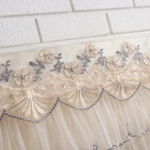 Closeup view showing the delicate beige embroidered lace air conditioner dust cover.