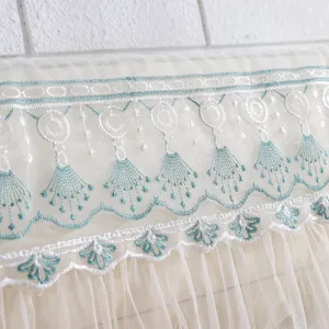 Detailed close-up view of embroidered lace mesh fabric featuring elegant cyan decorative pattern.